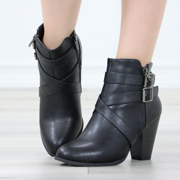 Shoes - Black Ankle Boots High Heeled Booties Pointed Toe Chunky Cone Heel